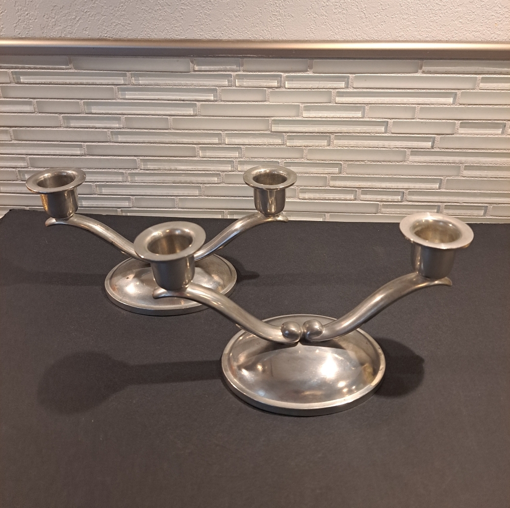 2 Vtg Double Wallace PEWTER Candle Holders P8303